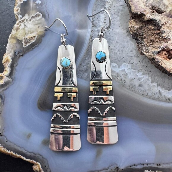 Tommy & Rosita Singer Sterling & Gold Filled Turquoise Elongated Dangle Earrings - Picture 1 of 10